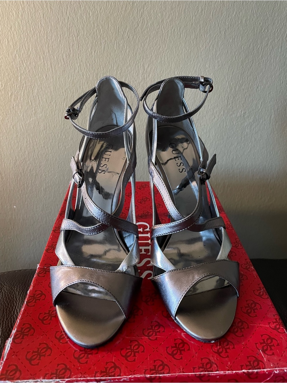 GUESS Metallic Pewter Strappy High Heel Sandals